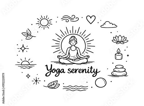 Yoga serenity. Hand-drawn doodle illustration of Yoga serenity. In the middle, one slightly larger central doodle