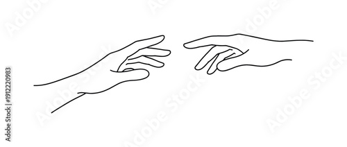 Reaching Connection. "Almost Within Reach". Minimalistic one-line drawing a hand reaching forward while another retreats