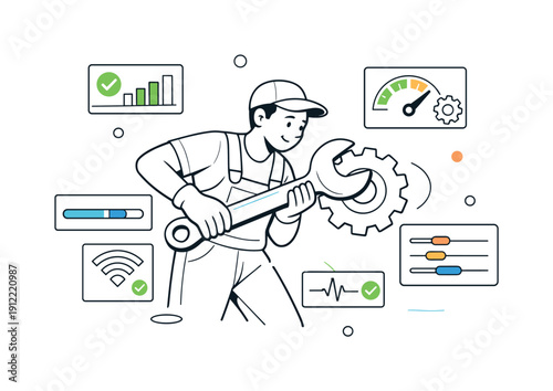 Maintenance Tool. Technician adjusting settings with a wrench icon, calm routine system care, sense of reliability.