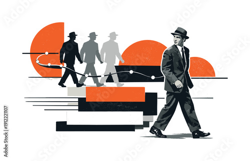 Conceptual collage illustrating storytelling through memory, a black-and-white retro figure walking forward while