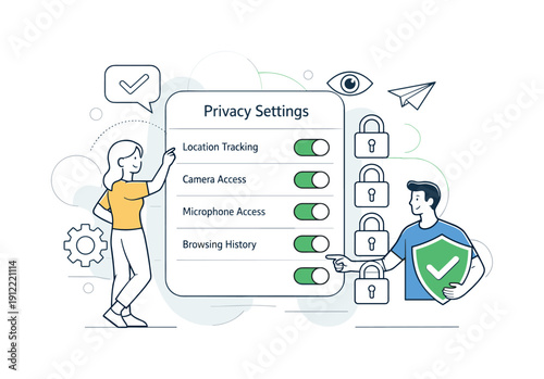 Privacy Control System. Settings panel with privacy toggles switched on, lock icons aligning into order. Atmosphere of