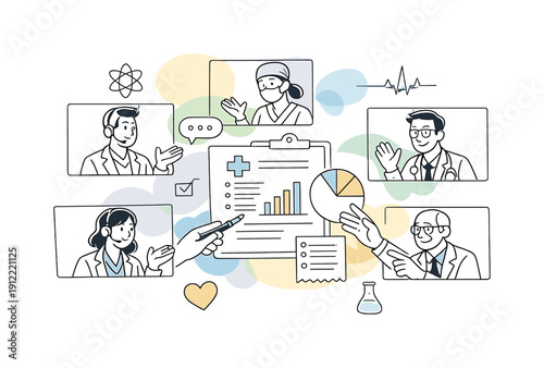 Medical team collaboration online. Doctors and nurses appearing in floating video tiles, hands gesturing toward shared