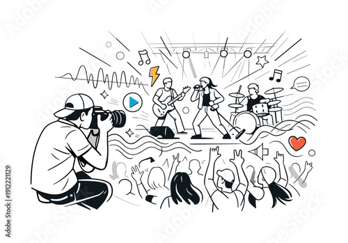 Concert and live music moments. Photographer aiming camera at a stage, silhouettes of musicians and crowd, sound waves