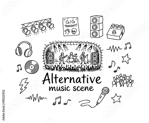 Alternative music scene. Hand-drawn doodle illustration of Alternative music scene. In the middle, one slightly larger