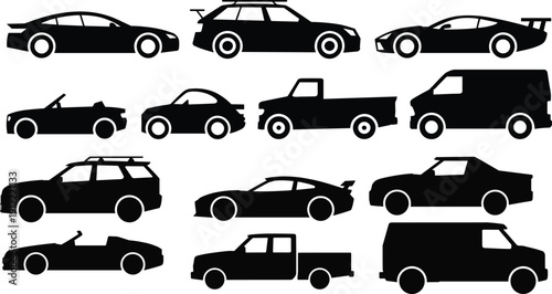 Car silhouettes collection, vehicle icons set, sports cars and convertibles, SUVs pickups vans, automotive vector shapes, transport design elements pack