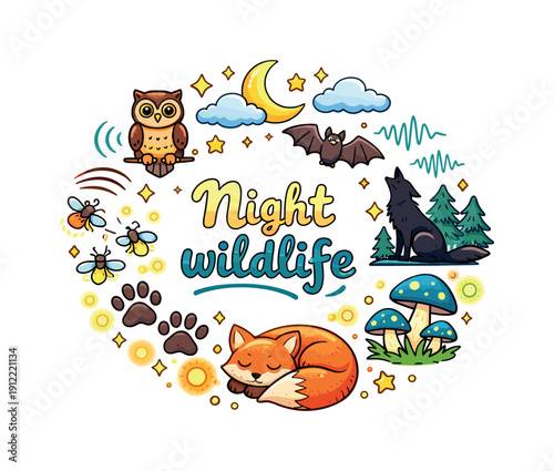 Night wildlife. Hand drawn illustration of Night wildlife. night owl, flying bat, wolf silhouette, forest trees,