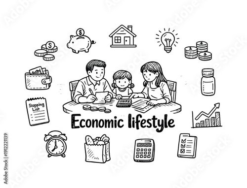Economic lifestyle. Hand-drawn doodle illustration of Economic lifestyle. In the middle, one slightly larger central