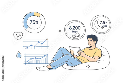 Personal health dashboard. User viewing circular progress rings and trend graphs hovering around a tablet, relaxed