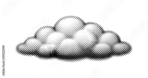 A soft cloud shape constructed entirely from dense halftone dots, perfectly still and isolated, rendered as a black and