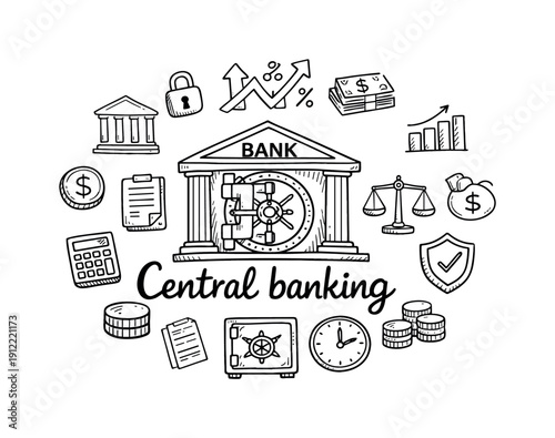 Central banking. Hand-drawn doodle illustration of Central banking. In the middle, one slightly larger central doodle