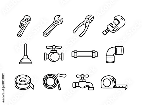 Plumbing tools. Line outline icon set of Plumbing tools: pipe wrench, adjustable wrench, pliers, pipe cutter, plunger,