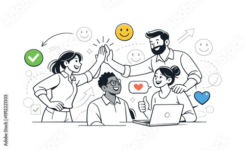 Healthy workplace culture. Team members supporting each other, checkmarks and smile icons hovering to show satisfaction