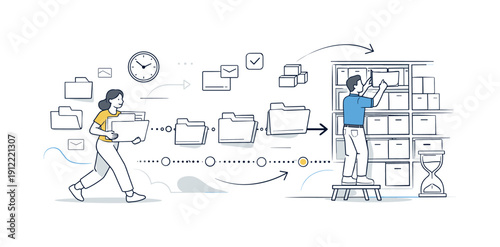 Document Archive. Digital folders moving into an archive space, smooth transition from active to stored. Minimal arrows