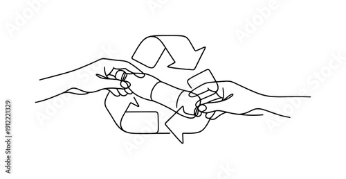 "Recycling awareness". Minimalistic one-line drawing human hands placing a bottle into a recycling symbol, continuous