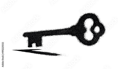 Large shadow of an old-fashioned key cast sharply onto a flat wall surface, the key itself unseen, black and white
