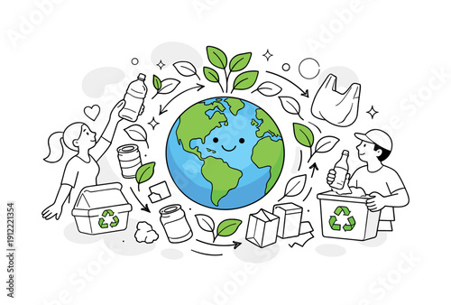 Environmental protection. Earth surrounded by recycled materials turning into leaves and plants, gentle motion