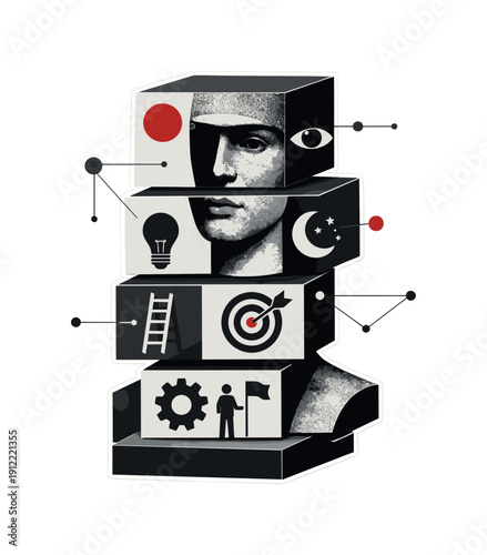 A symbolic assembly collage with a black-and-white vintage human bust constructed from stacked geometric blocks, each