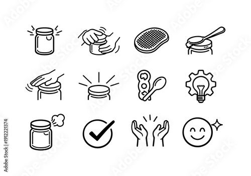 Kitchen Problem Solving Icons. Kitchen problem solving. Line outline icon set of Kitchen problem solving: stuck jar,