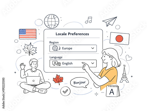 Locale Preferences. User selecting region and language options, flags and symbols gently appearing. Mood of