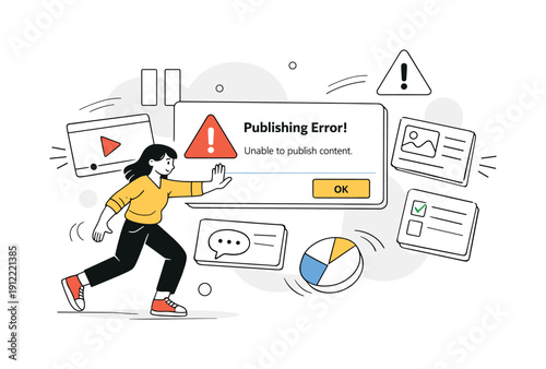 Publishing Error. Character stopping a publish flow as an alert pops up, content cards pausing mid-motion. Atmosphere of