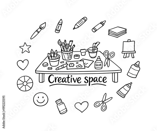 Creative Doodle Space. Creative space for all ages. Hand-drawn doodle illustration of creative space for all ages. In