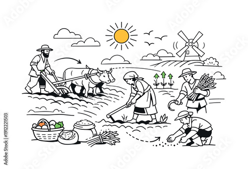 illustration. (#0Historical farming tools and agricultural practices. Farmers using wooden plows and hand tools on open