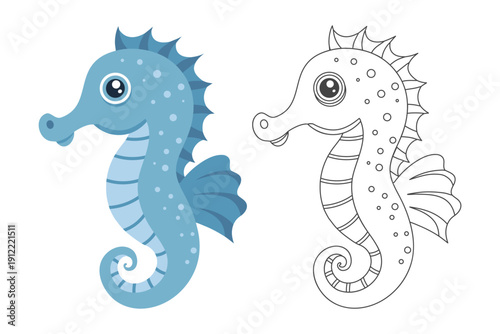 Cute blue seahorse illustration with coloring page outline. Coloring book for children.