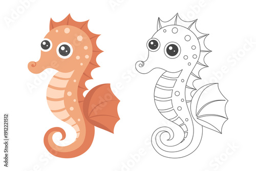 Cute pink seahorse illustration with coloring page outline. Coloring book for children.
