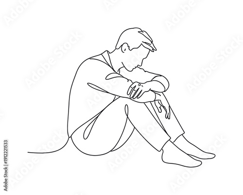 Quiet Reflection. Minimalistic one-line drawing of a man sitting on the floor with knees bent and arms resting loosely,