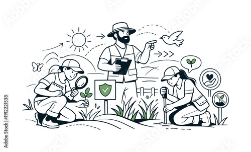 Sustainable land management. Workers monitoring regrown grasslands, simple tools and signs indicating protection and