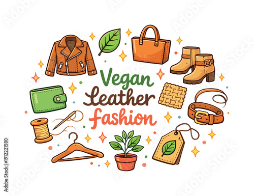 Vegan Leather Style. Vegan leather fashion. Hand drawn illustration of Vegan leather fashion. vegan leather jacket, tote