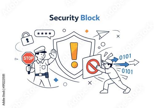 Data Shield Alert. Security Block. Shield icon with exclamation mark, incoming data flow gently stopped. Atmosphere of