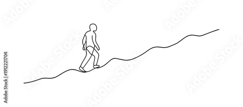 Resilience Journey. Minimalistic one-line drawing of a human figure walking along a rising uneven path symbolizing