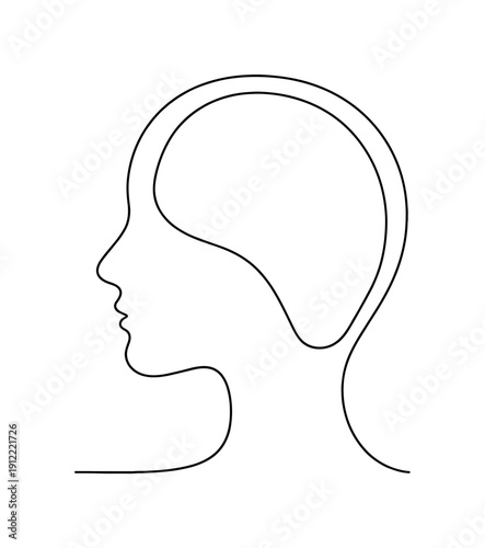 "Mental Space". Minimalistic one-line drawing an abstract head silhouette containing wide open inner space as the main