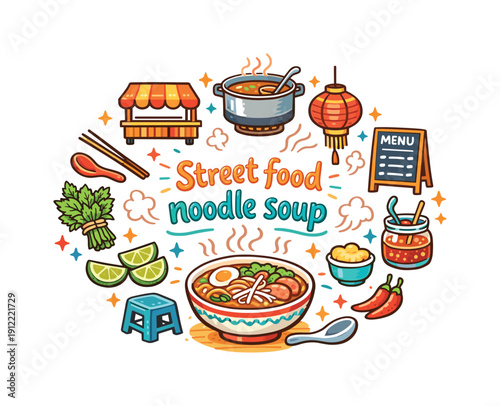 Street food noodle soup. Hand drawn illustration of Street food noodle soup. soup bowl, street stall canopy, chopsticks,
