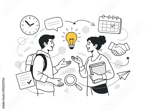 Educational partnership & trust. Minimal school interior hints, clock and calendar icons floating, characters exchanging