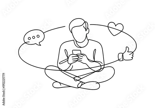 "Virtual lifestyle". Minimalistic one-line drawing individual sitting with a smartphone as likes and chat bubbles orbit