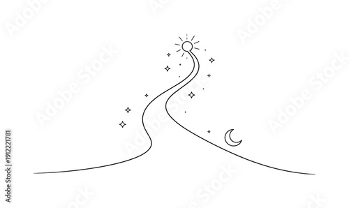 Heavenly Path. Minimalistic one-line drawing symbolic celestial route arcing across space with quiet balance, continuous