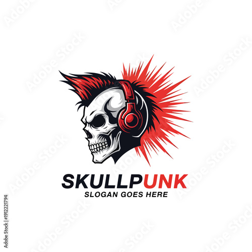Stylized punk skull with vibrant mohawk and headphones, an emblem of rebellious music culture illustration