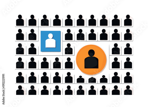 An abstract crowd of black-and-white human silhouettes arranged like system units, figures aligned in rows and columns,