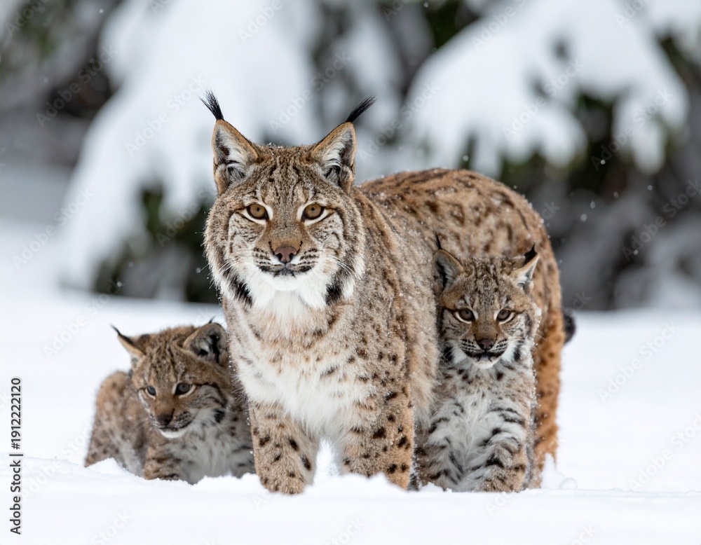 Obraz premium Lynx en compagnie de ses petits dans un champ enneigé. Generated Image. 