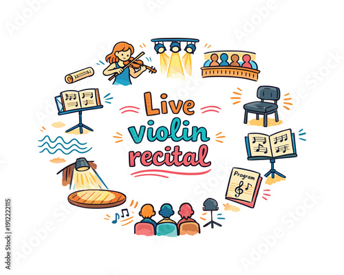 Live violin recital. Hand drawn illustration of Live violin recital. solo violinist icon, bow movement lines, music