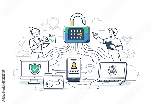 Secure Access Control. Digital lock opening above connected devices, data lines flowing smoothly. Atmosphere of