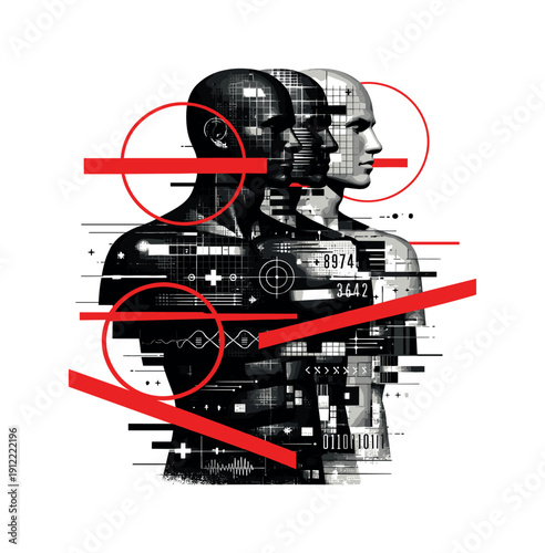 A duplicated black-and-white artificial human figure layered in slight misalignment, each layer filled with different