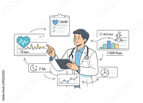 Digital health monitoring dashboard. Doctor reviewing floating charts, heart rate and activity graphs hovering around a