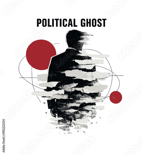 A modern graphic collage illustrating political ghost: a black-and-white human figure fading into torn paper fragments