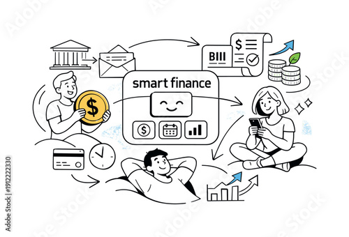 Personal finance automation. Money flows, bills, and investments managed by an AI interface, smooth motion and reduced
