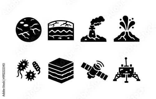 The possibility of life on moons like Europa and Enceladus. Filled icon set of The possibility of life on moons like