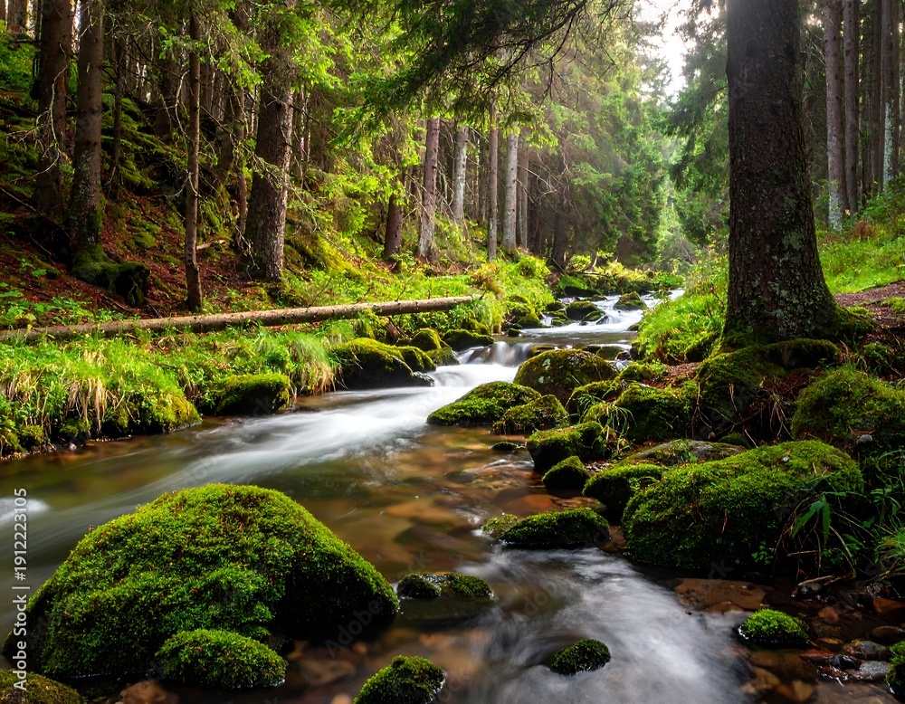 Fototapeta premium Lush forest scene featuring a flowing stream winding through moss-covered rocks and verdant vegetation under sunlight
