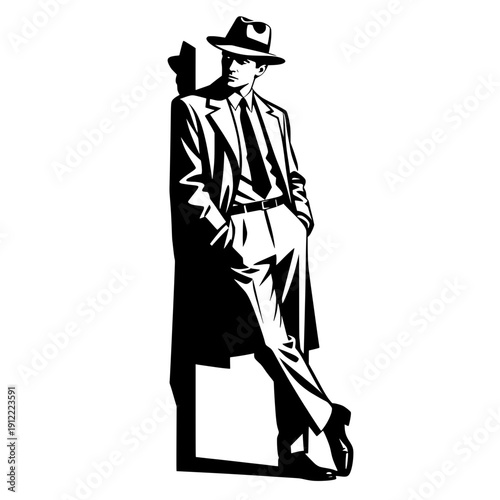 Vintage Noir Style Man in Trench Coat and Fedora  or Retro Detective Illustration Vector